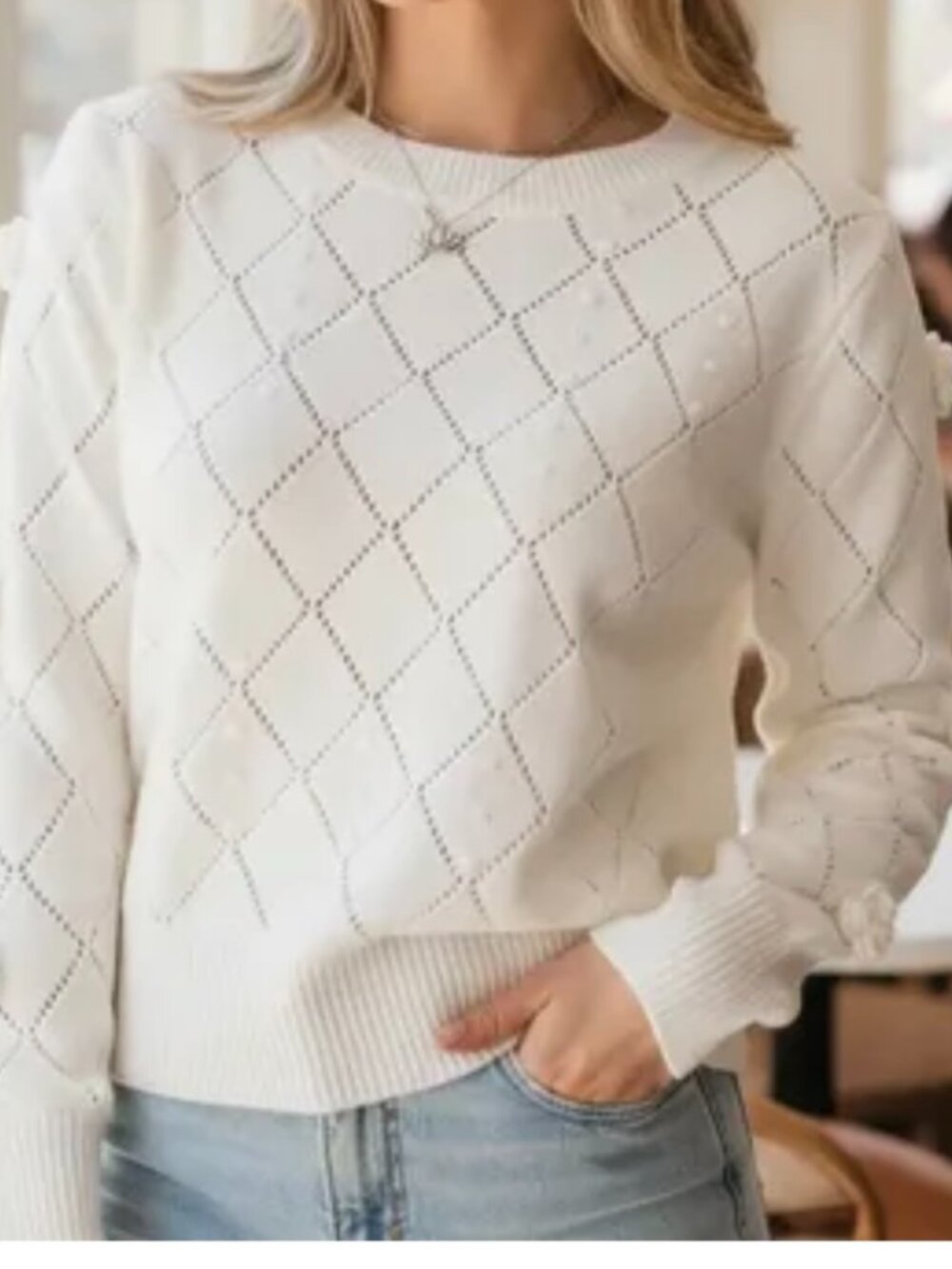 Women's Cotton Crew Neck Sweater sz L - White